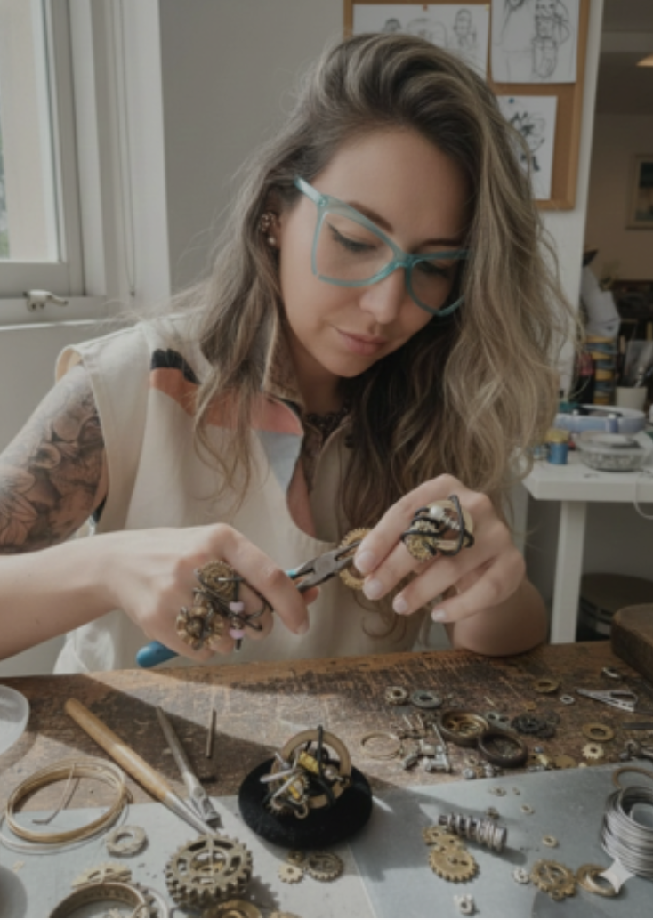 Lina con alicates creando pieza de joyería escultórica