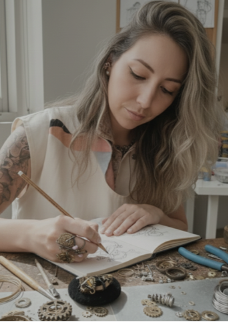 Lina bocetando diseños de anillos a lápiz